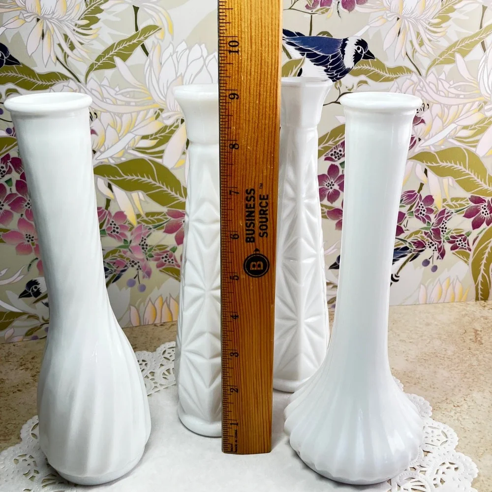 Hoosier Glass Bud Vases Set of 4 Vintage Milk Glass White Geometric Swirl